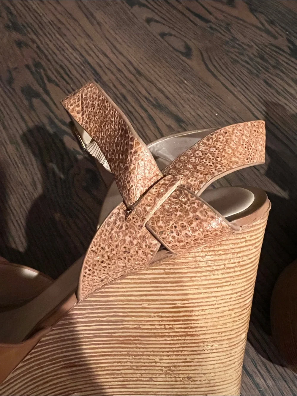 Aldo Cognac Tan Leather Gold Snakeskin Crisscross Strap Wedge Sandals